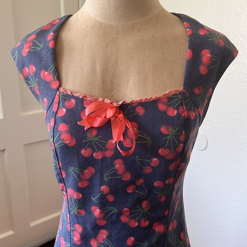Bettie Page Las Vegas Blue Dress w Cherry Print and Pink Ribbons — Sz S - Picture 2 of 10
